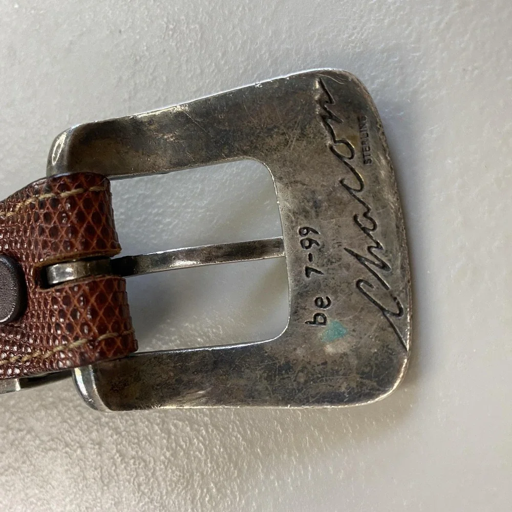 VTG Chacon Sterling Silver Genuine Lizard Belt Brown Mens 39 Fits 38 39 40 41 42